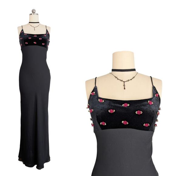 Vintage Zum Prom Dress Maxi Gown M Black Velvet Goth Y2K Babydoll Floral Grunge - Picture 2 of 13
